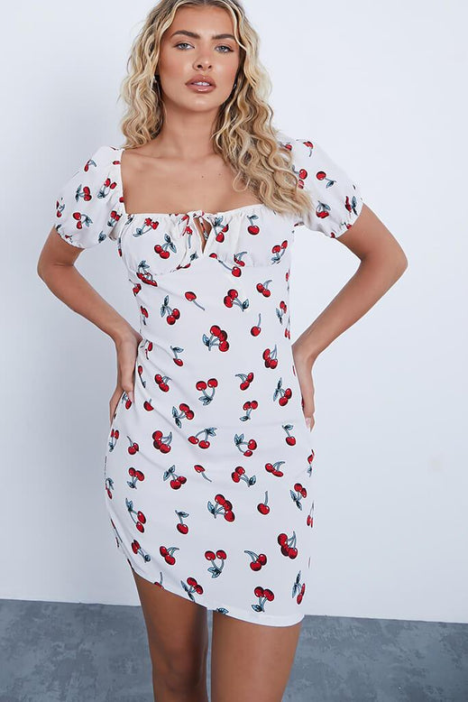 White cherry Print Dress